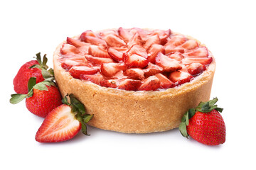 Sweet strawberry cake on white background