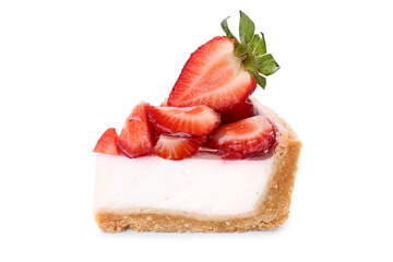 Piece of sweet strawberry cake on white background