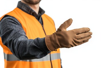 Close-up of factory worker in high-visibility clothing and heavy-duty gloves, hand outstretched in a firm gesture