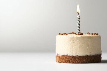 Close-up of a handcrafted birthday cake with a single candle, realistic texture in the frosting and natural lighting