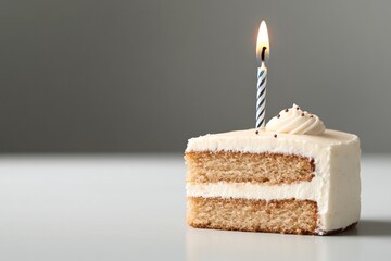 Close-up of a handcrafted birthday cake with a single candle, realistic texture in the frosting and natural lighting