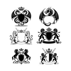 Set of Six Medieval Heraldic Crests and Coat of Arms Designs, featuring mythical dragons, lions, tigers, and horses combined with shields, crowns, and swords for powerful emblem creation.