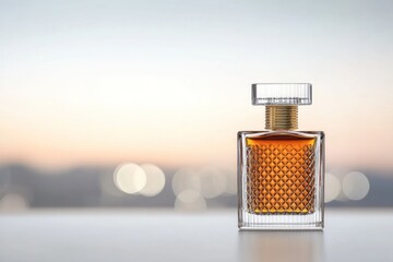 Elegant still life of a rich amber-hued perfume bottle detailed with ornate gold beadwork, illuminated by ambient bokeh lighting