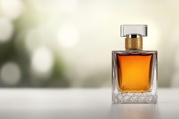 Elegant still life of a rich amber-hued perfume bottle detailed with ornate gold beadwork, illuminated by ambient bokeh lighting
