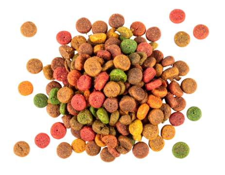 Colorful dry pet food kibble in a pile, various shapes and sizes