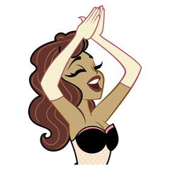 An animated woman with brown hair claps her hands above her head, eyes closed and mouth open in joy or admiration, symbolizing applause, celebration, or worship.