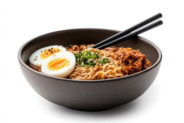 Korean instant noodles in a rustic bowl with a spicy red broth, soft-boiled egg halves floating, and a side of kimchi in a small dish