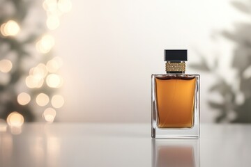 Luxurious amber perfume bottle with gold bead embellishments placed on a glossy surface