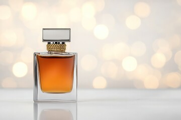 Luxurious amber perfume bottle with gold bead embellishments placed on a glossy surface
