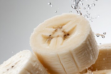 Macro image of banana slices highlighting the moist surface and central core structure, isolated on white background