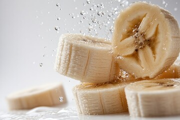 Macro image of banana slices highlighting the moist surface and central core structure, isolated on white background