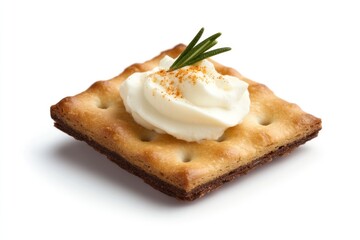 One artisan-style cracker layered with whipped cream cheese and a touch of paprika for garnish, isolated on white background