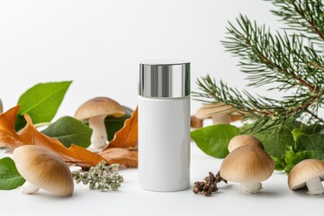 Natural beauty concept with a facial cream jar standing upright in a bed of edible mushrooms and healing herbs