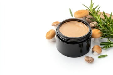 Open glass jar of creamy face moisturizer placed on a wooden surface, surrounded by fresh mushrooms, sprigs of rosemary