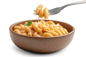 Overhead view of a fork lifting a gooey bite of macaroni and cheese from a rustic plate, showcasing the stringy cheese texture