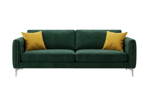 Isolated 3D Rendering Of A Green Velvet Sofa With Yellow Cushions