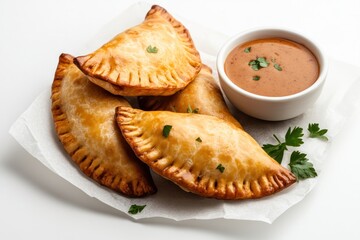 Overhead view of multiple spicy beef empanadas placed in a semi-circle on parchment paper