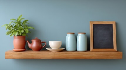 Fototapeta premium Fair trade, coffee and business, A minimalist wooden shelf holds a potted plant, a brown teapot, a white teacup with saucer, two ceramic jars, and a small empty chalkboard frame.