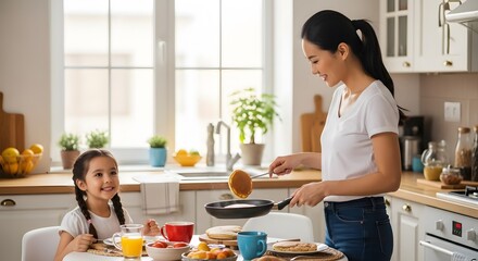 A woman making pancakes in a kitchen with her daughter sitting at the table with food and drinks