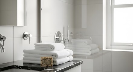 Fototapeta premium Close up of white towels stacked on a marble countertop in a modern bathroom with a window
