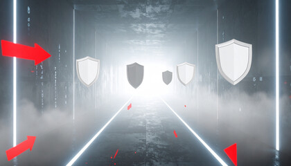 Floating Firewall Shields in Data Labyrinth. Artificial Intelligence concept. Generated Image