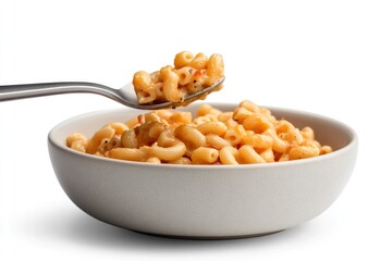 Side view of a spoon scooping rich and creamy macaroni and cheese from a large serving bowl