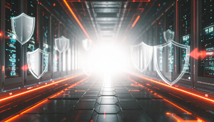 Floating Firewall Shields in Data Labyrinth. Artificial Intelligence concept. Generated Image