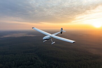White glider soaring smoothly above green forest landscape isolated on white background