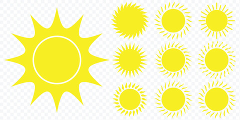 Sun icons set. Sun weather symbol collection. Sunshine, sunlight, sunburst icon set. Sun day sign. eps 10