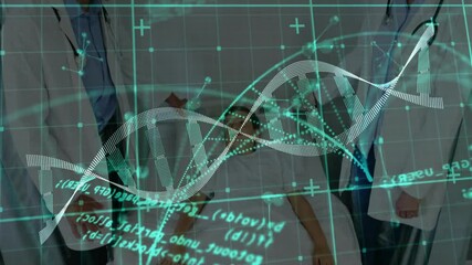 Male doctor tapping and female doctor scanning emerging DNA helix above boy in clinic for diagnosis - Powered by Adobe