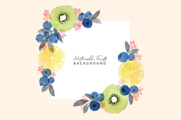 Set of summer fruits watercolor art pattern frame background. Sweet kiwi, blueberry and lemon in frame.Summer fruits pattern. Fruit berry background. Watercolor fruit texture