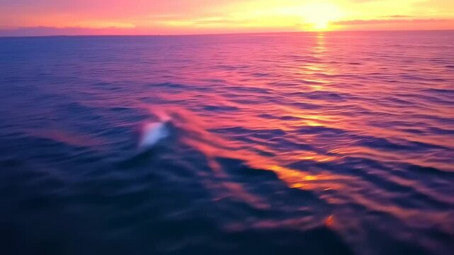 Enchanting Ocean at Sunset, Dolphins frolic under a radiant sunset, creating a mesmerizing seascape