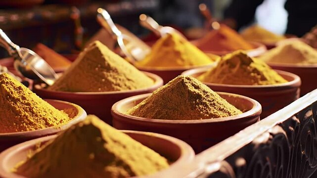 Close up colorful spice display in various bowls showcasing textures and vibrant colors perfect for food or cooking related imagery