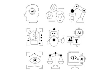 Set of 9 artificial intelligence icons in flat minimal style – chatbot, machine learning, automation, ethics