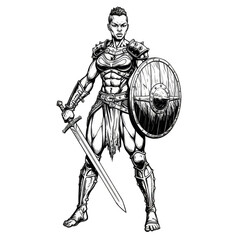 Isolated Illustration of Brave Woman Warrior with Sword and Shield