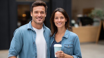 Fair trade, coffee and business, A smiling young man and woman wearing denim jackets stand close together, with the woman holding a disposable coffee cup.