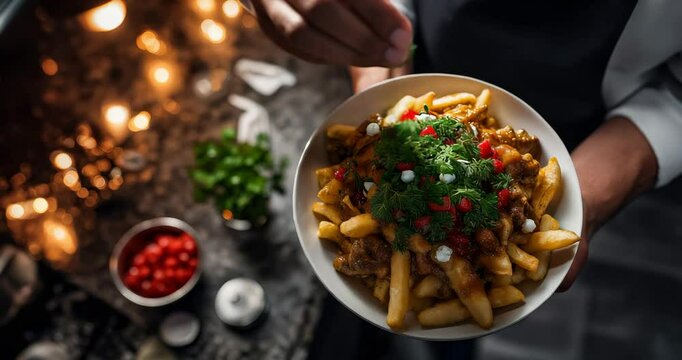 Chef Prepares Poutine with Garnish