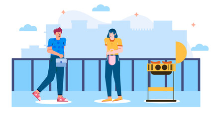 Two people on rooftop grilling sausages with social distance. Suitable for BBQ, outdoor dining, social distancing, urban living concepts.