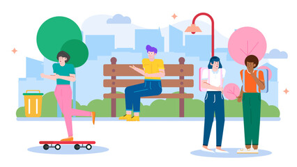 Diverse students relaxing in a city park. Suitable for education, lifestyle, park, diverse, and relaxation concepts. Perfect for urban themed designs.