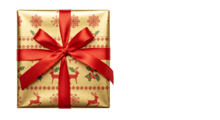 Isolated Christmas Present with Red Ribbon Deer Gold Pattern PNG