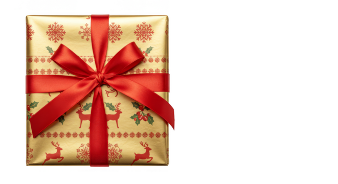 Isolated Christmas Present with Red Ribbon Deer Gold Pattern PNG