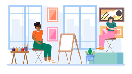Two artists in a bright art studio near an easel, suitable for art school promotions or creative workspace concepts.