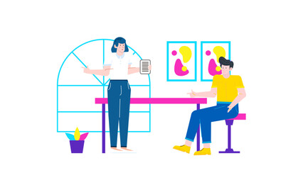 Two people conversing over a document on a vibrant pink table, ideal for business, teamwork, communication, collaboration, and discussion concepts.