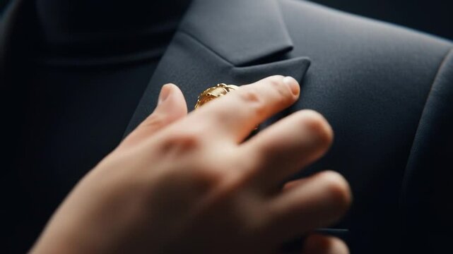 Man Adjusts Gold Lapel Pin on Suit