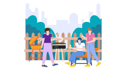 Three friends socialize and grill food at a backyard barbecue, perfect for summer gatherings, friendship, and outdoor cooking concepts.