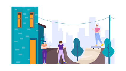 Three people at a skatepark near a teal building, suitable for urban recreation or city lifestyle concepts in design.