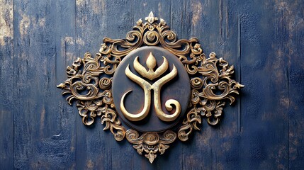 Intricately carved decorative emblem on a textured blue wall.