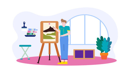 Man painting landscape on an easel. Suitable for art related content, creative concepts, hobby promotions, and nature themed projects. Ideal for backgrounds.