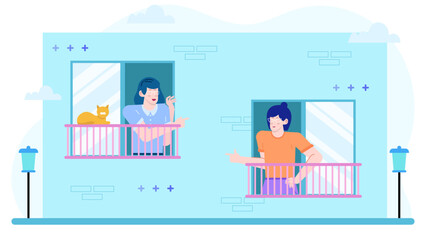 Two women chatting on balconies with a cat nearby. Ideal for social interaction, pet ownership, urban lifestyle, neighborly conversations concepts.