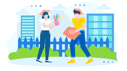 Two people in a nature swap plant for pillow outdoors. Suitable for organic lifestyle, ecofriendly, sustainable living, gift exchanges.